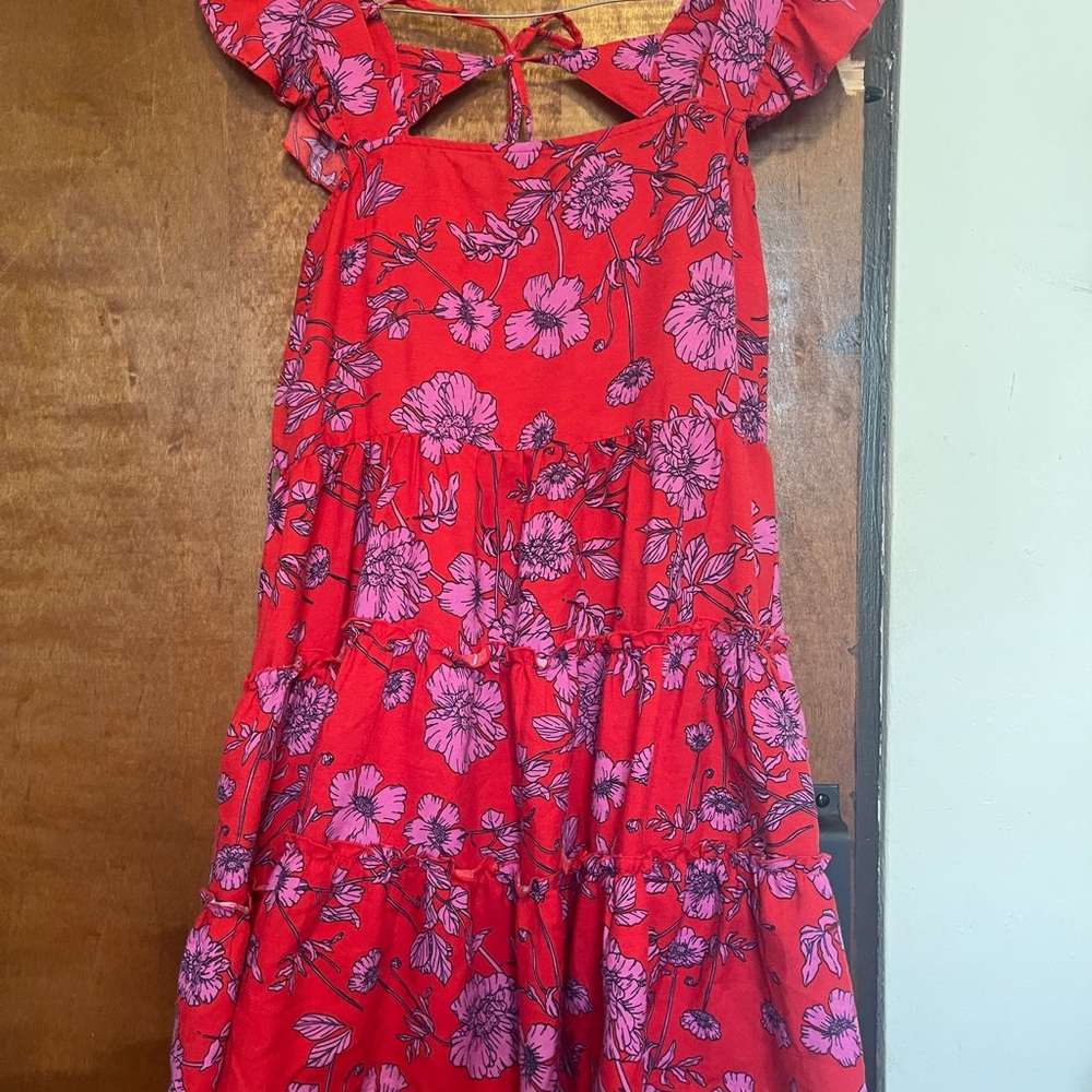 Red Floral Ruffled Cold Shoulder Sundress